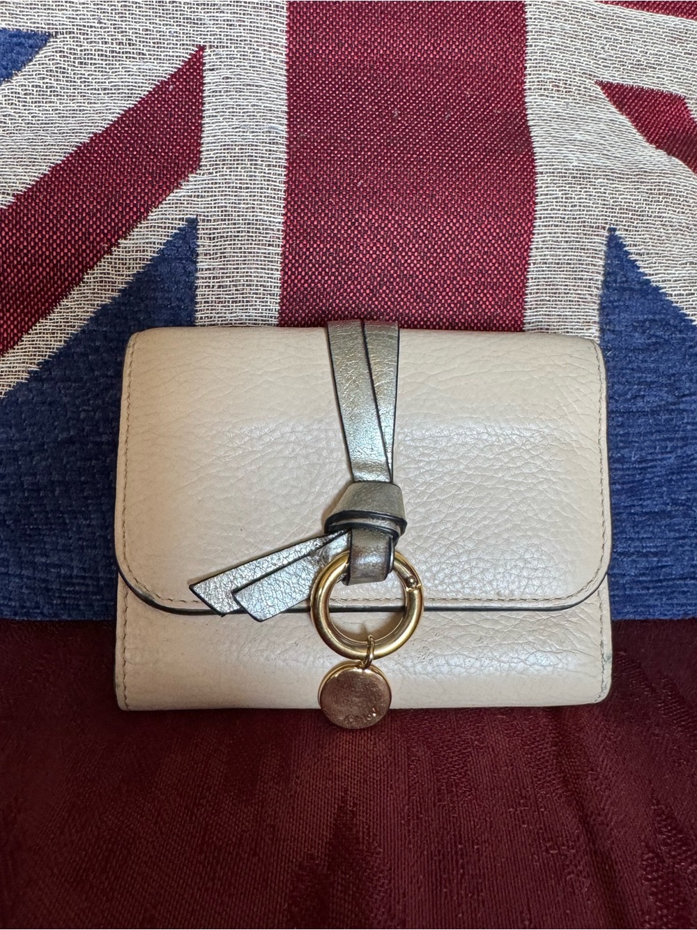 Chloe Cream Leather Wallet with Silver Accent and Gold Ring Logo- Very good cond